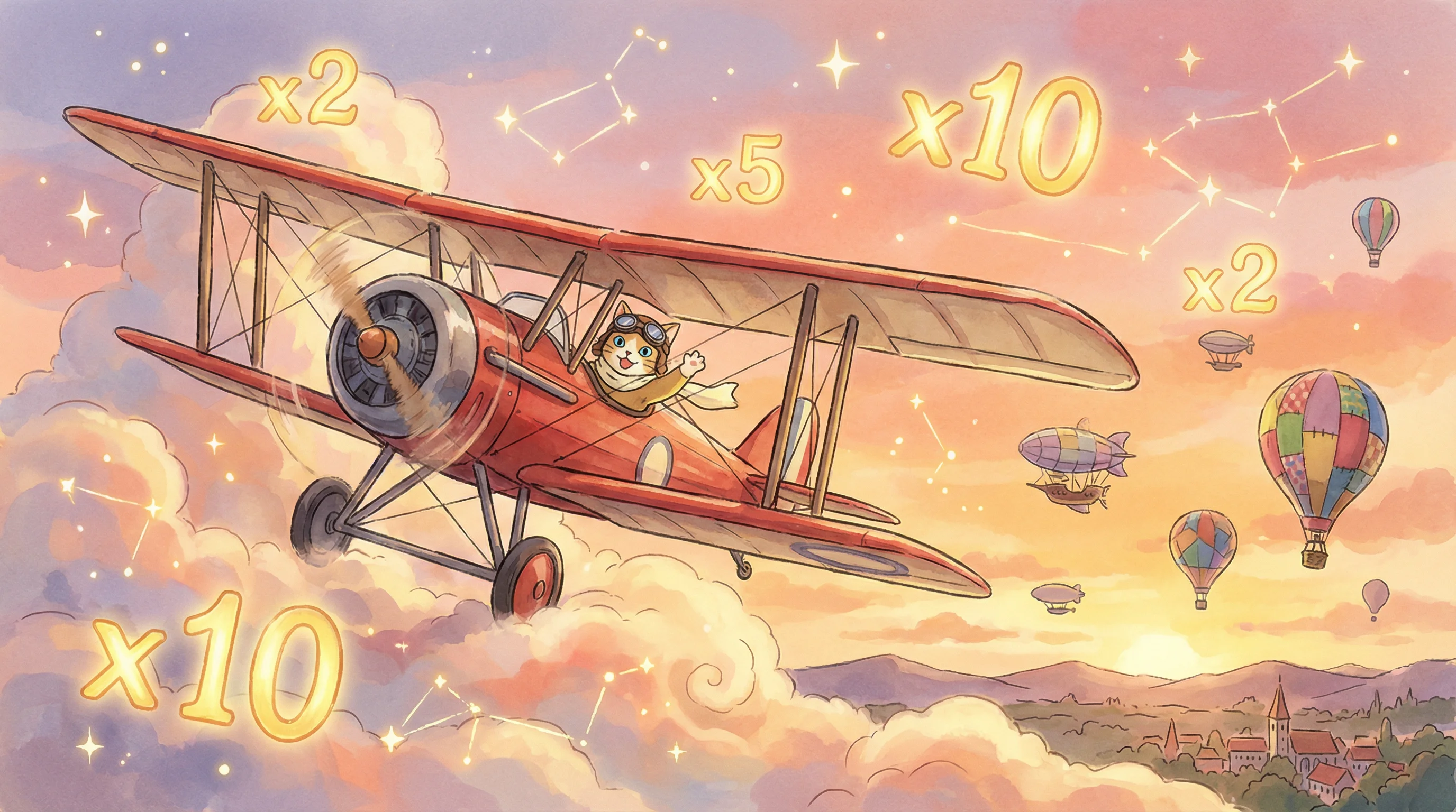 Biplano vermelho voando entre nuvens ao pôr do sol com multiplicadores dourados